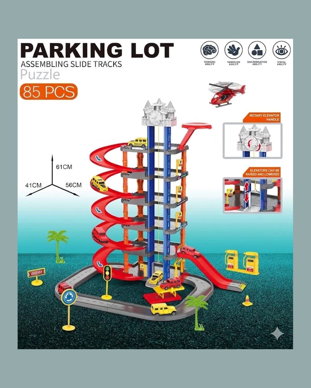 85 PCS Parking Lot Assembling Slide Tracks Puzzle | City Traffic Parking Garage Playset with Race Track & Pull String Cars for Kids Age 3+