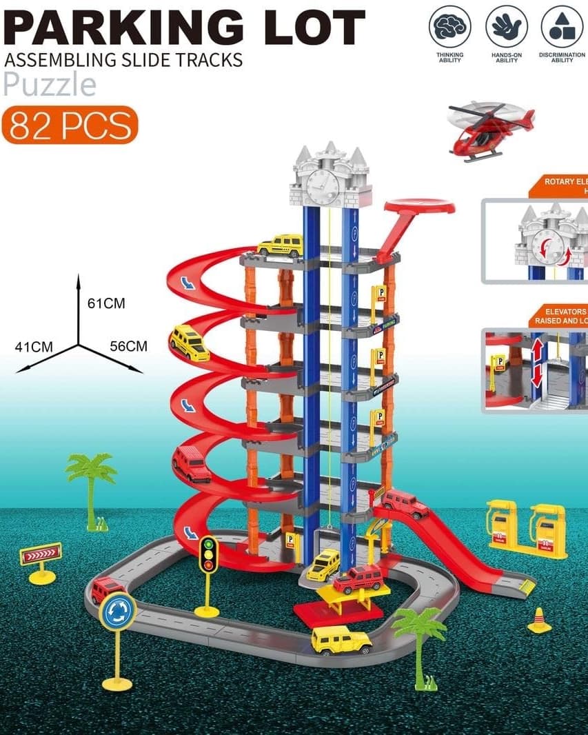 82 PCS Parking Lot Assembling Slide Tracks Puzzle | City Traffic Parking Garage Playset with Race Track & Pull String Cars for Kids Age 3+
