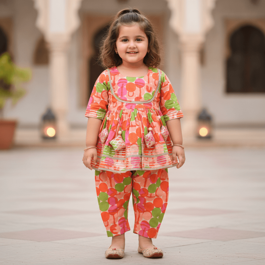 Novelle Heritage Multi Color Cotton Kurti & Salwar/Patiala Set for Girls - Formal/Partywear Summer Ethnic Wear