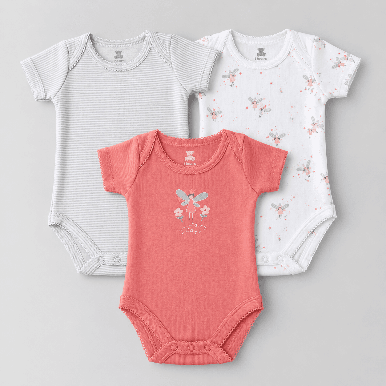 I Bears Unisex Baby Cotton Romper, Short Sleeve Round Neck Envelope Neck, “Fairy Days” Print, V-Shape Bottom with Snap Button Closure, Multicolor, Summer Wear