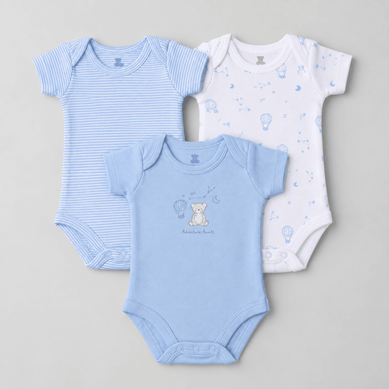I Bears Unisex Baby Cotton Romper, Short Sleeve Round Neck with Envelope Neck, “Adventure Awaits” Print, V-Shape Bottom with Snap Button Closure, Multicolor, Summer Casual Wear