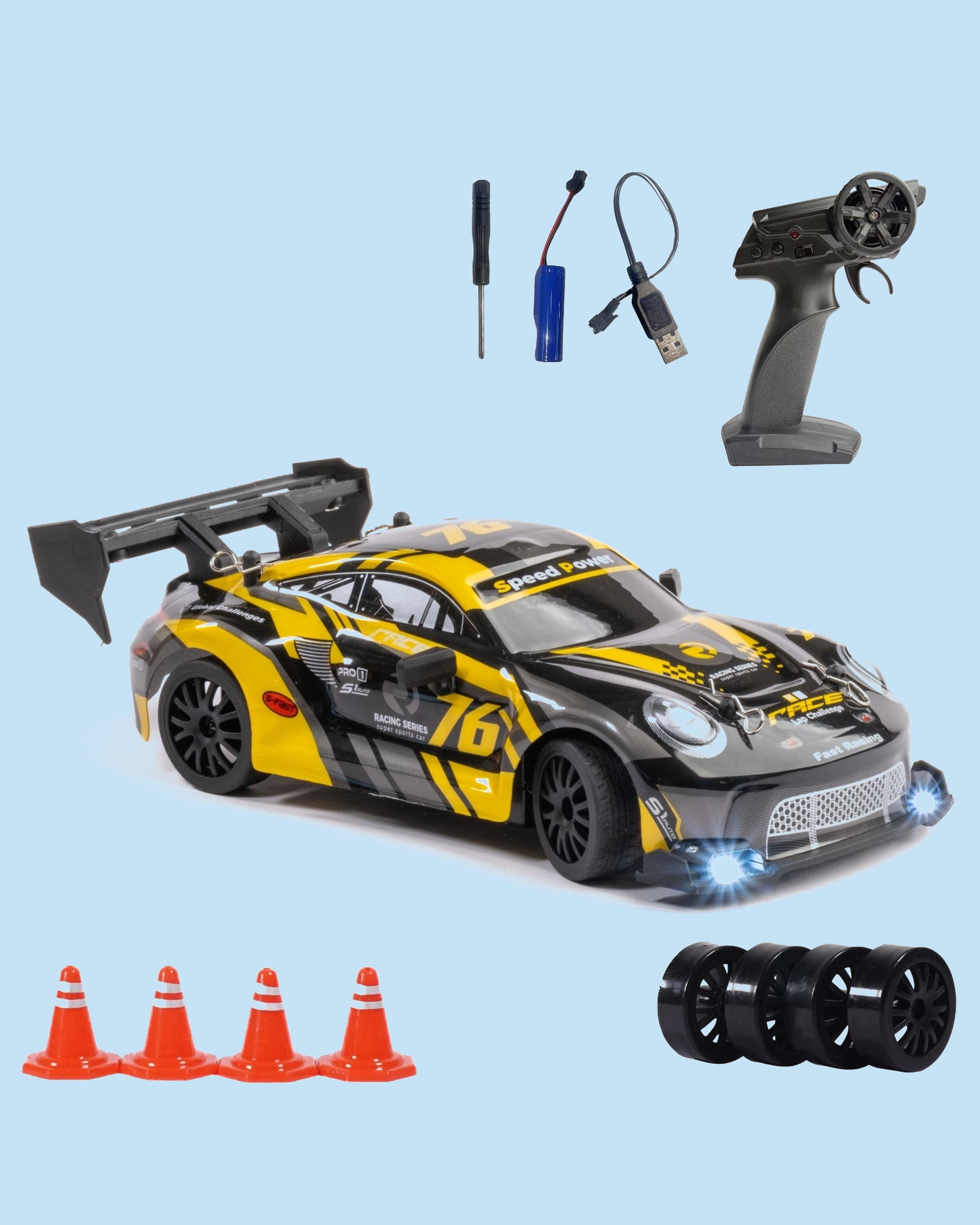 L.O.T Cars Ghost Burnout Yellow RC Drift Car | High-Speed Remote Control Racing Car with Smooth Drift Action