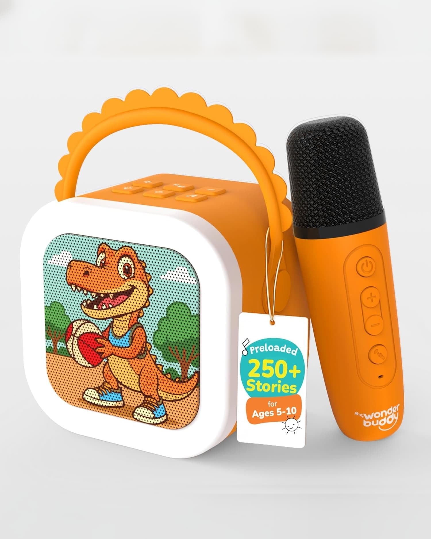 Wonder Buddy Storybox Mini Dino Kids Bluetooth Speaker with Karaoke Mic, 250+ Stories & RGB Lights - Yellow