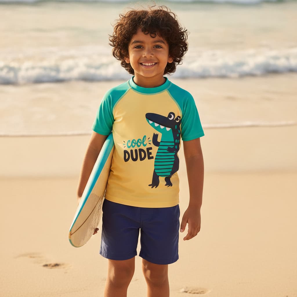 Yellow Bee Boys Yellow Legged Swimsuit – “Cool Dude” Print, Round Neck, Half Sleeves, Back Zip Closure, Summer Swimwear