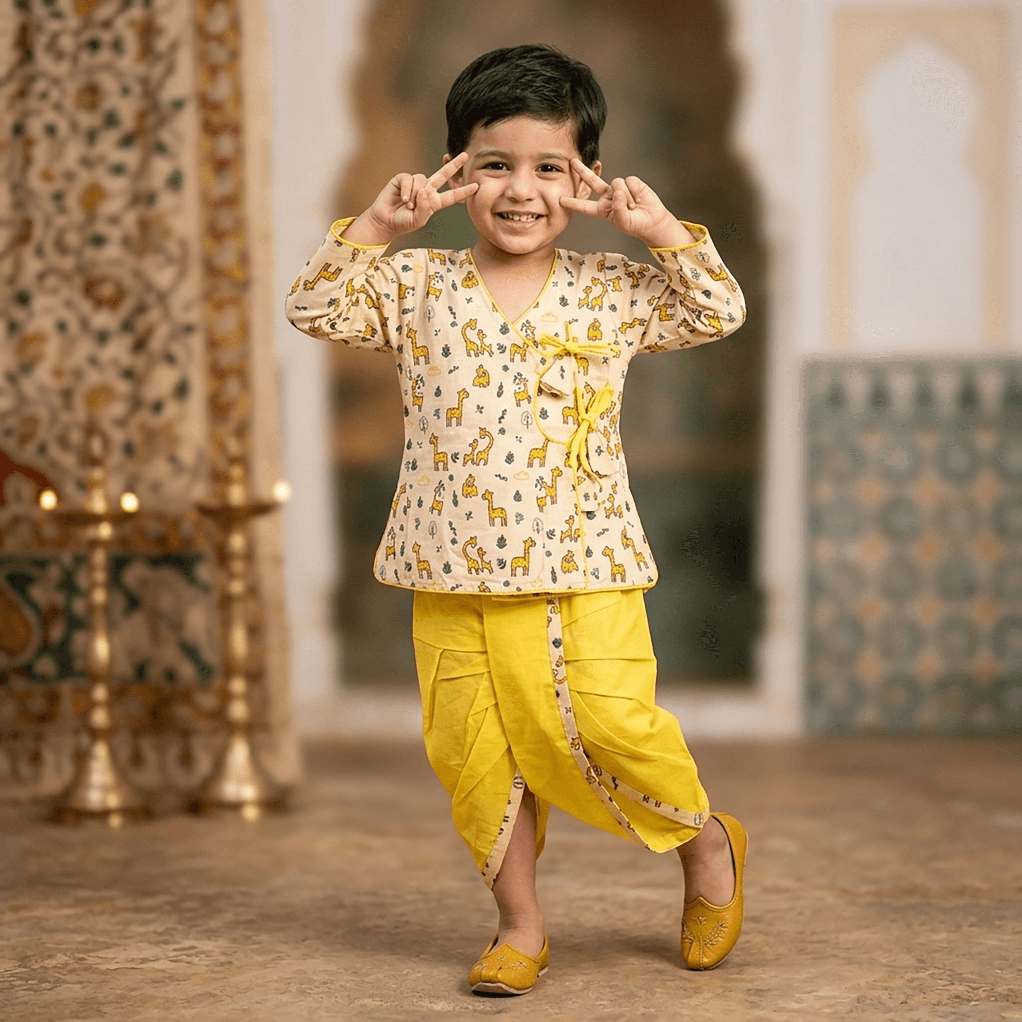 Cuddly Cubs Yellow Dhoti Kurta Set for Boys - Cotton Full Sleeve V Neck Formal/Partywear Ethnic Wear