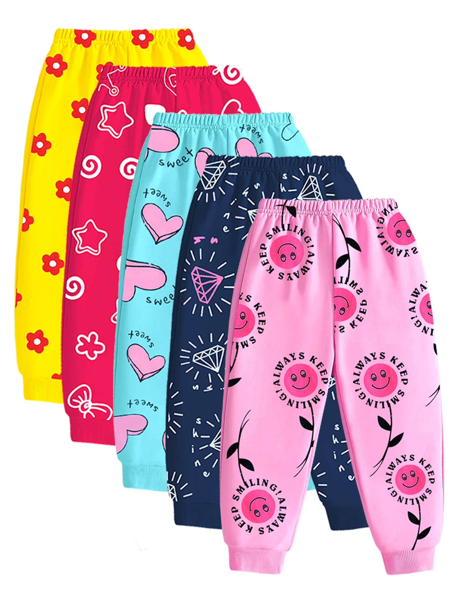 Kuchipoo Yellow, Dark Pink, Light/Sky Blue, Navy Blue & Pink Full Length Cotton Joggers for Girls - Casual Daily Wear, All Season, Slip-on, Mid Rise