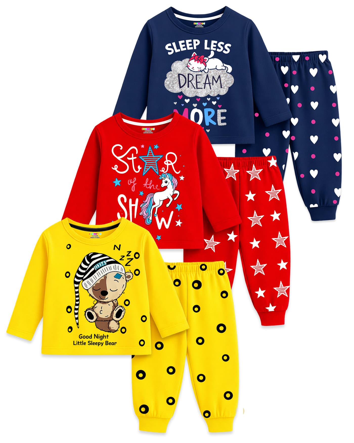 Kuchipoo Boys Casual T-shirt & Joggers Set - Yellow, Red & Navy Blue Full Sleeves with Sleep Less Dream More Print, All Season