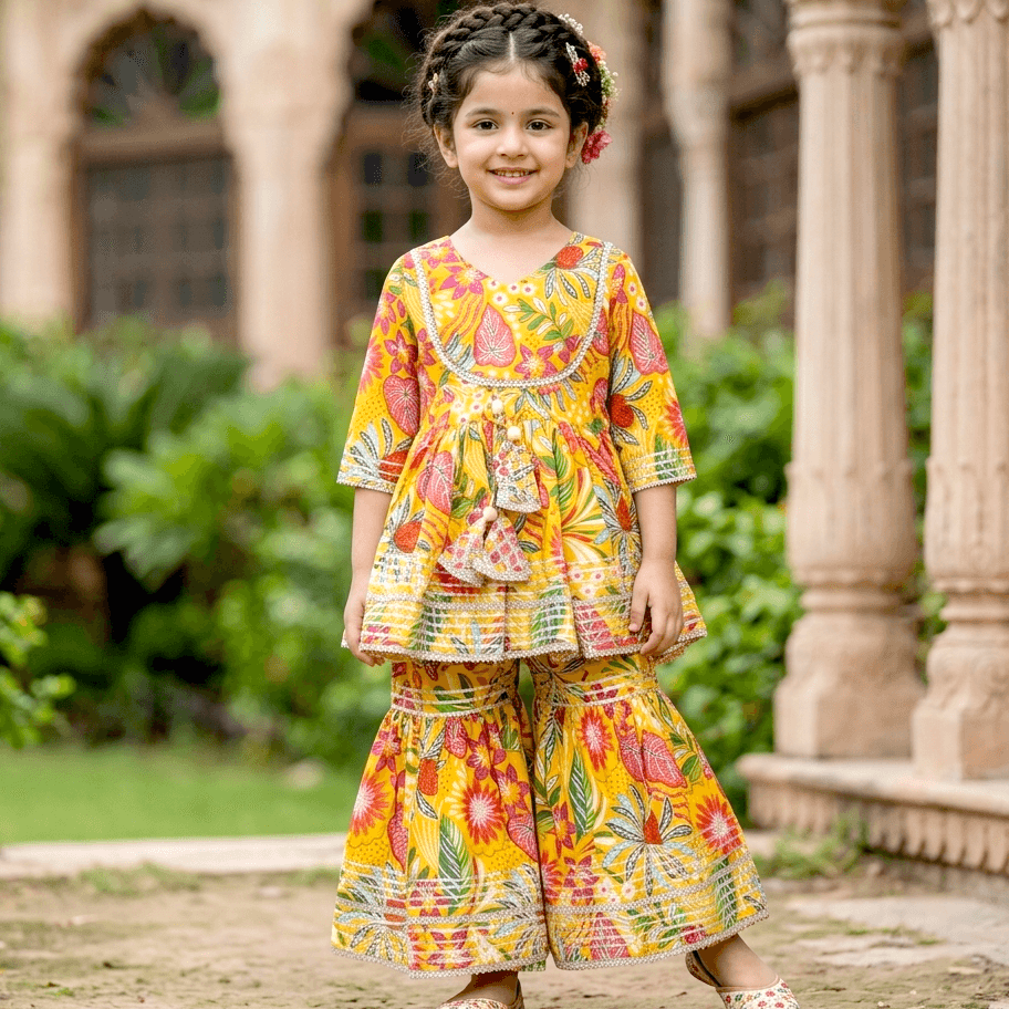 Novelle Heritage Yellow Cotton Kurta Pyjama for Girls - Formal/Partywear All Season