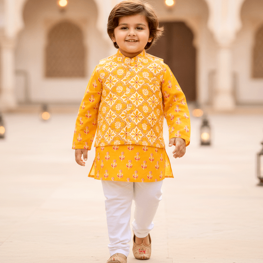 Novelle Heritage Yellow Cotton Kurta Pyjama & Jacket Set for Boys - Full Sleeves, Mandarin Collar, Formal/Partywear, All Season