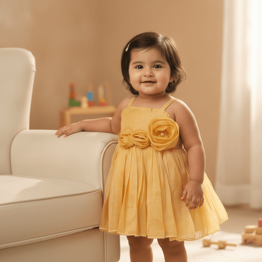Boom Baby Girls Yellow Cotton Blend One Piece Dress – Shoulder Strap Casual Wear
