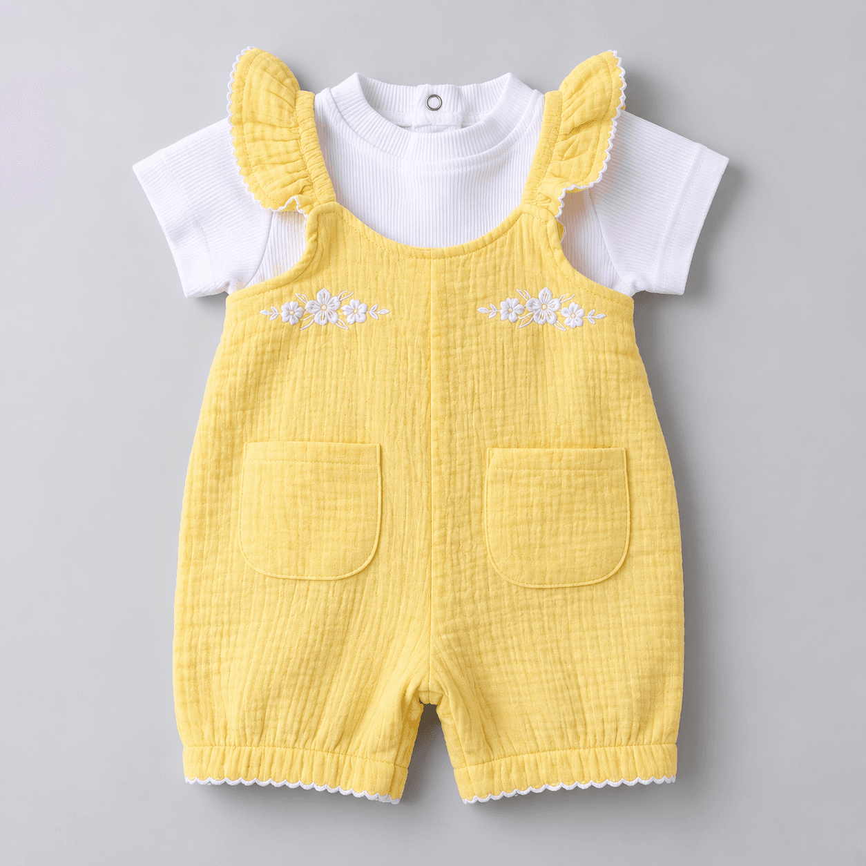 Boom Baby Girls Yellow Cotton Blend Dungaree Set – Short Sleeve Casual & Travel Wear