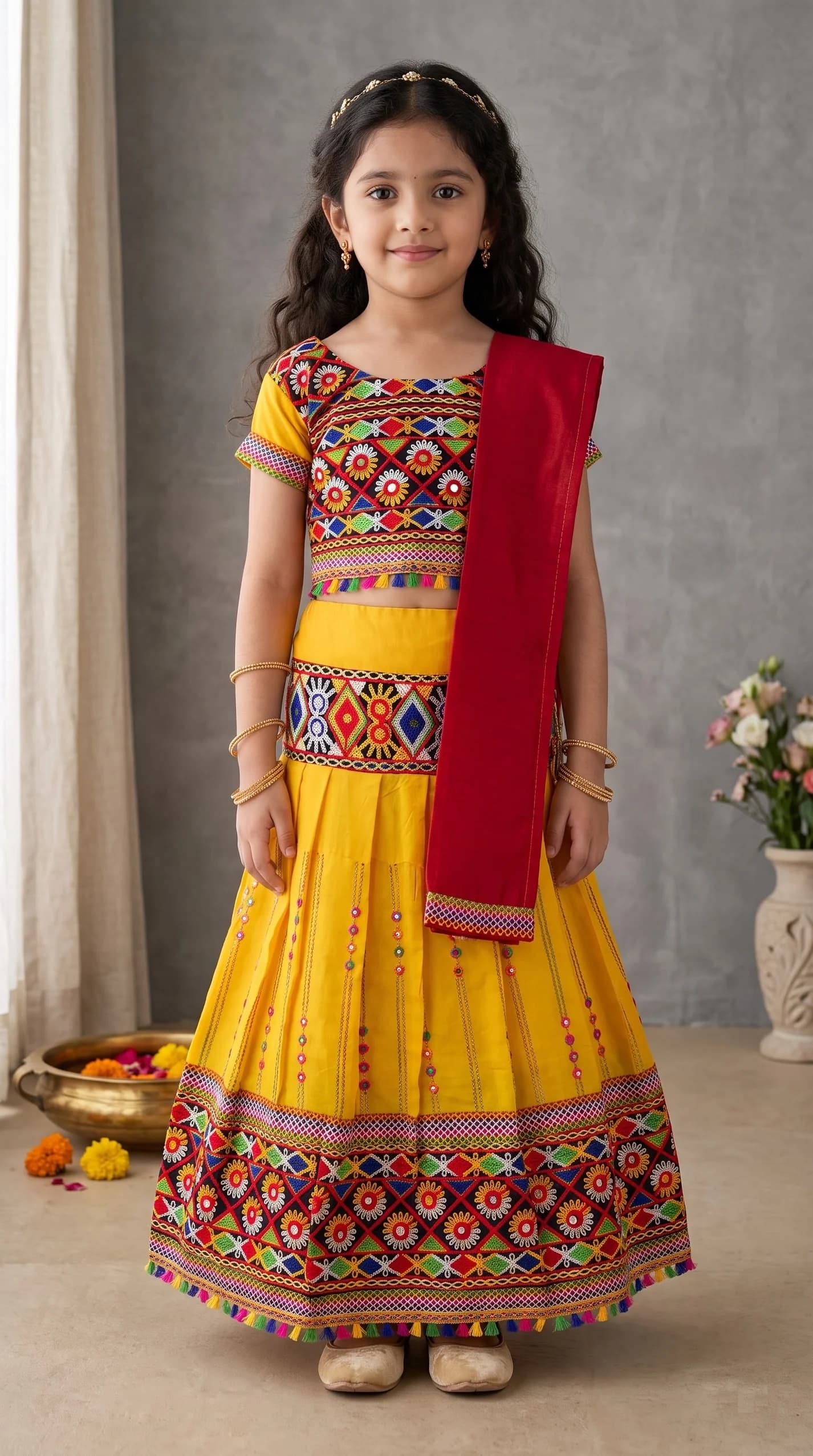 Ahhaaaa Yellow Lehenga Choli for Girls - Formal/Partywear, All Season, Cotton-Blend Fabric