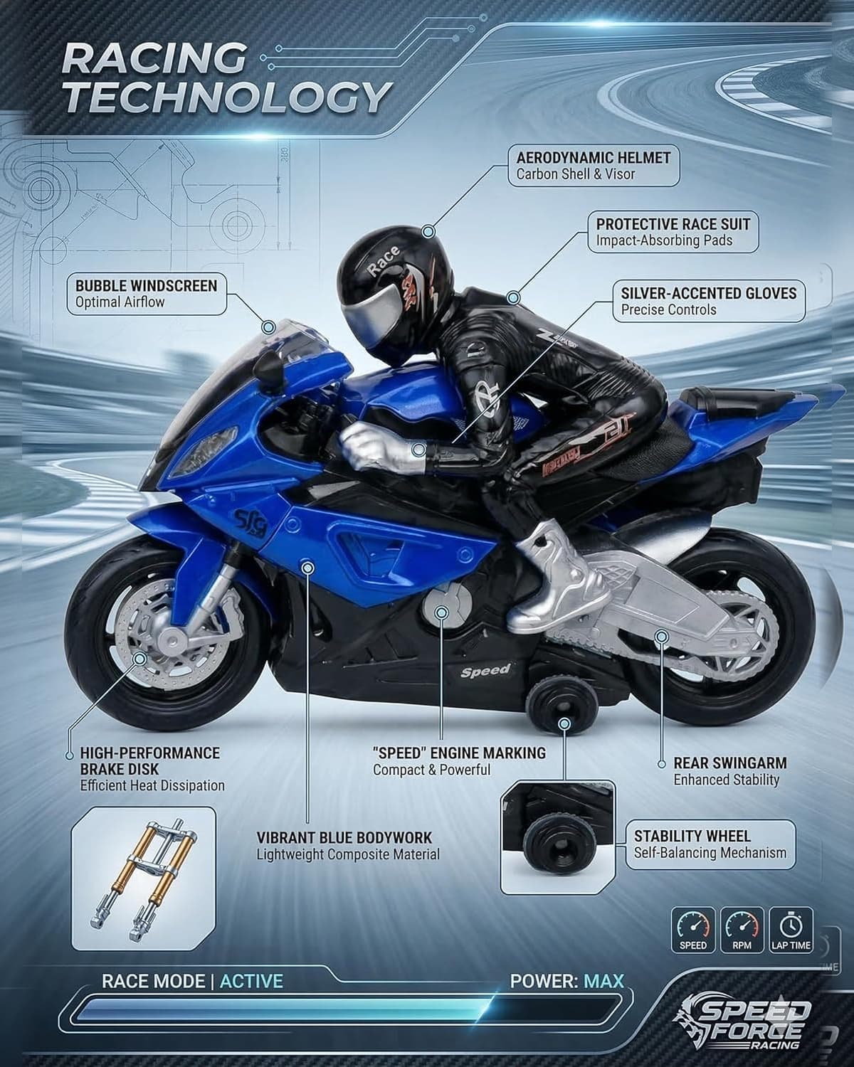 Speed Way Remote Control Bike Red 2.4G RC Bike with Water Smoke Effect LED Light Rechargeable Battery & Music