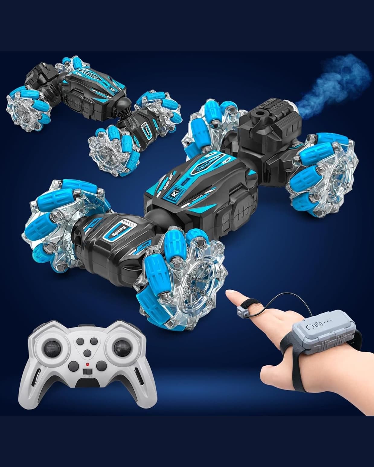RC Double-Sided Twisting Stunt Car with Gesture Hand Remote, LED Wheels, Black & Blue, Age 6+