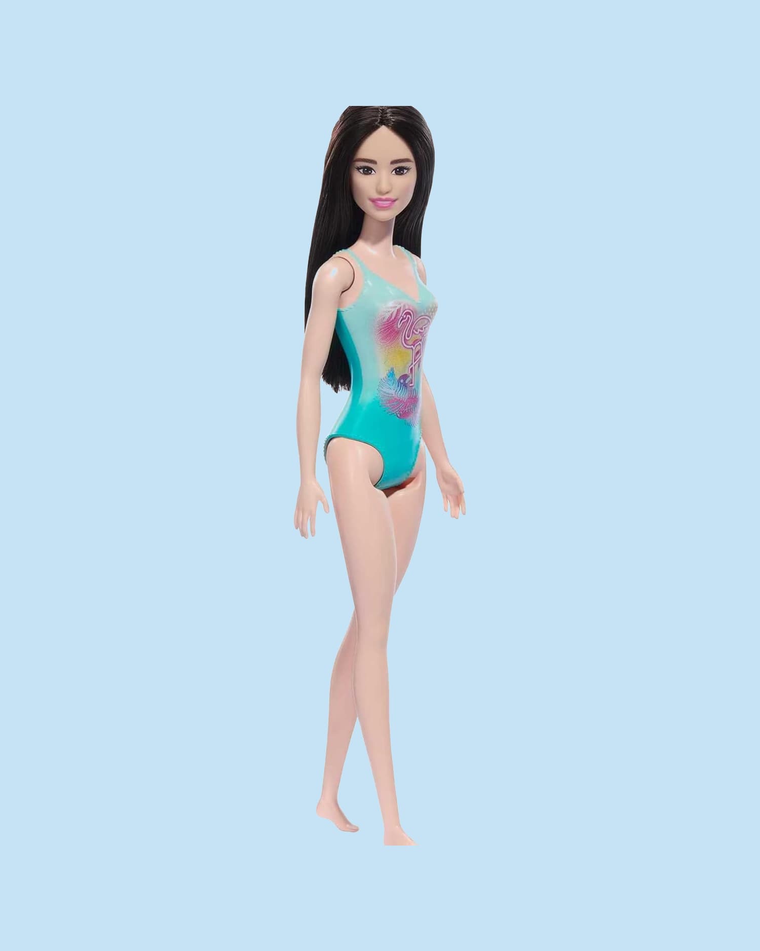 Barbie Beach Doll – Black Hair, Tropical-Blue Flamingo Swimsuit