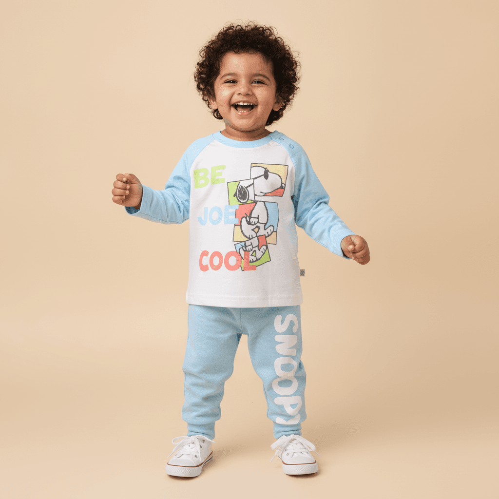 Tinyo Boys Blue Cotton T-Shirt & Joggers Set | Full Sleeves Round Neck | Shoulder Snap Button Closure | Full Length Joggers | Regular Fit | Casual & Daily Wear