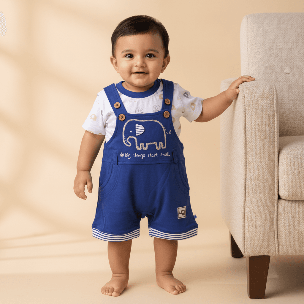 JB Club Boys' Cotton Dungaree Set – Blue Short-Sleeve Round-Neck T-Shirt with “Big Things Start Small” Print, Button-Closure Dungaree