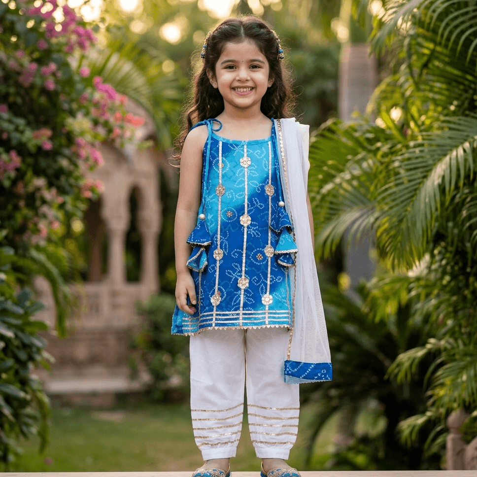 Tiny Threads Girls Blue Cotton Kurta & Palazzo Set | Sleeveless | Square Neck | Shoulder Tie-Up | Full-Length Palazzos | Elasticated Waist | Regular Fit | All-Season Partywear