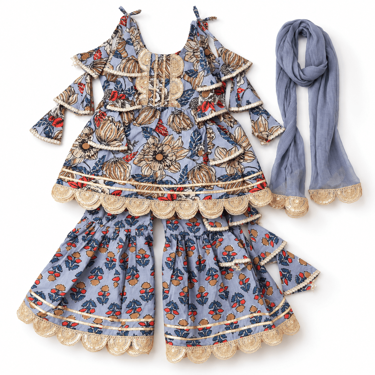 Cuddly Cubs Blue Cotton Blend Cold Shoulder Kurti & Sharara Set for Girls - Formal/Partywear All Season