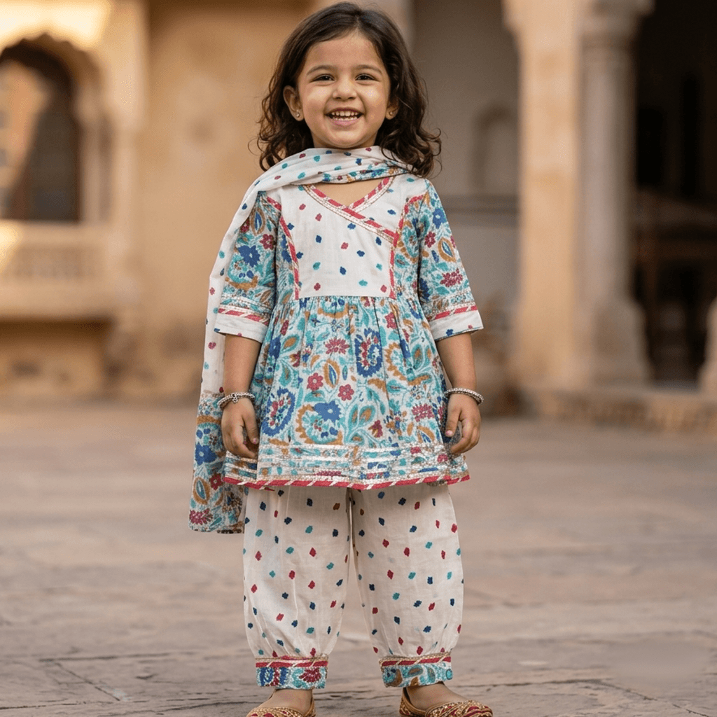 Cuddly Cubs Blue Cotton Kurti & Patiala Set for Girls - Formal/Partywear, All Season, Half Sleeves, V Neck