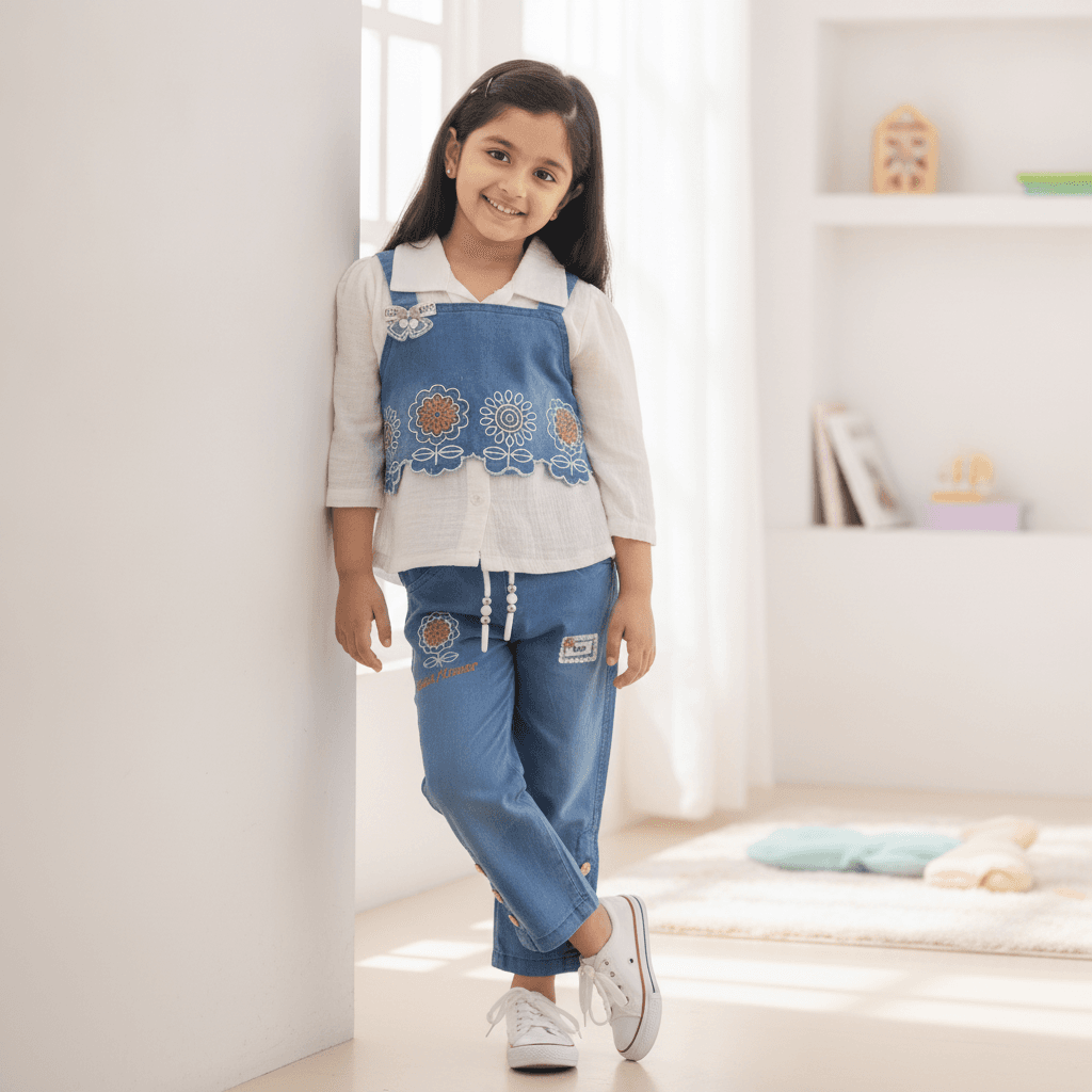 Sweet Bubbly Girls' Casual Blue Camp Collar Full Sleeves Top & Denim Jeans Set with Little Flower Design