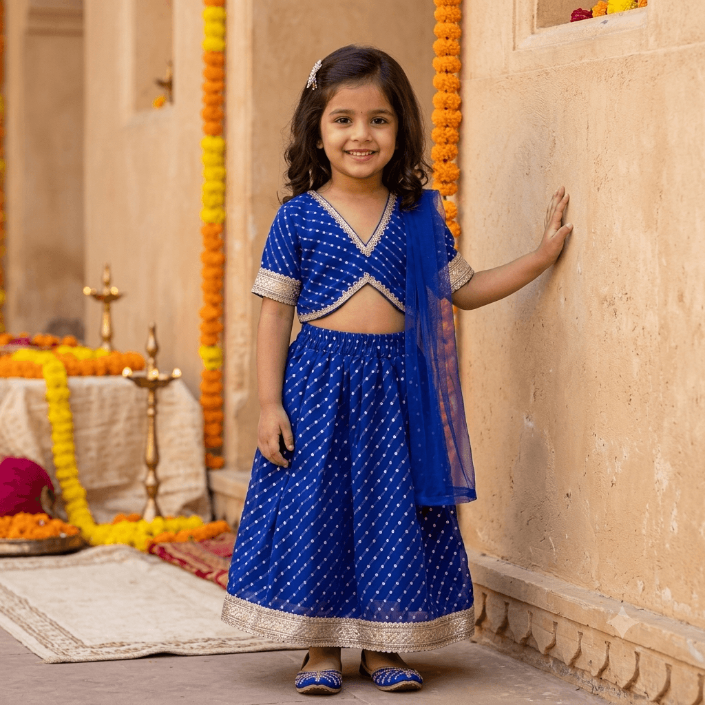 Many Frocks Blue Cotton Blend Lehenga Choli for Girls - Formal/Partywear, All Season, Half Sleeves, V Neck