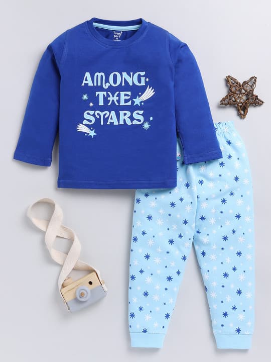 Toonyport Boys Casual Blue T-shirt & Joggers Set with "AMONG THE STARS" Print, Full Sleeves, All Season