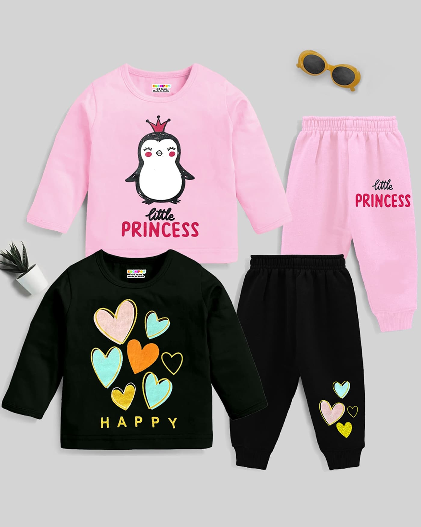 Kuchipoo Girls' Casual T-shirt & Joggers Set - Light Pink & Black, Full Sleeves, Round Neck, "little PRINCESS, HAPPY" Print, All Season, Slip-on Closure