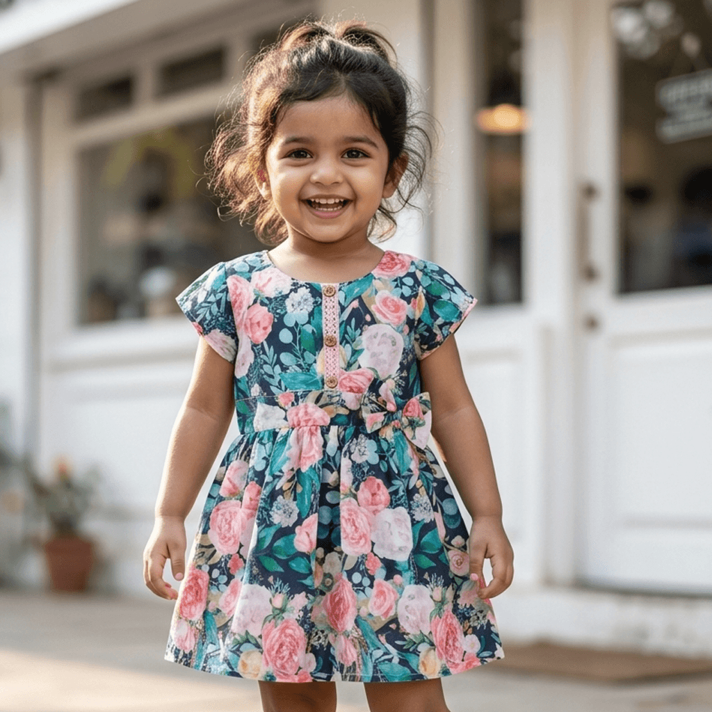 Mini Miao Black Cotton One Piece Dress for Girls with Short Sleeves and Back Zipper - Casual Summer Wear
