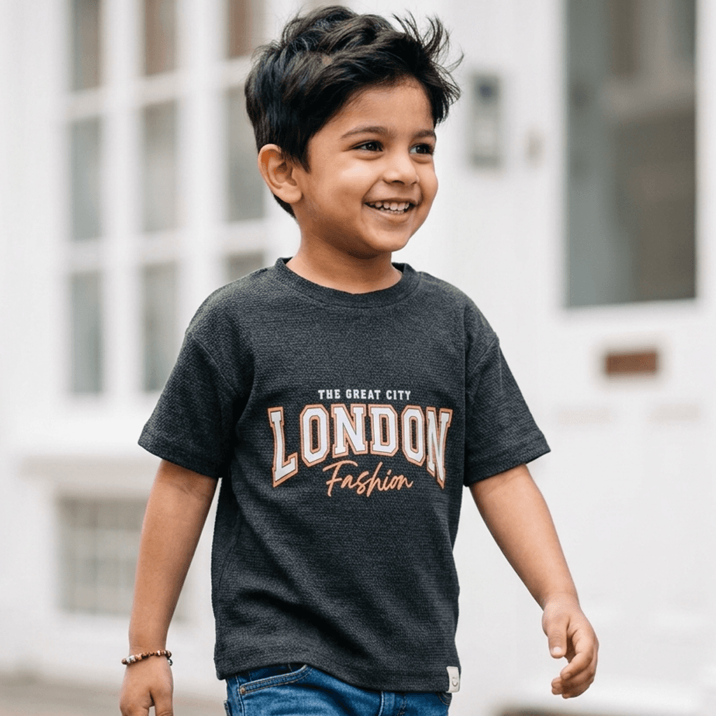 Happy Faces Boys Black Cotton T-Shirt | Half Sleeves | Round Neck | “THE GREAT CITY LONDON FASHION” Text | Slip-On