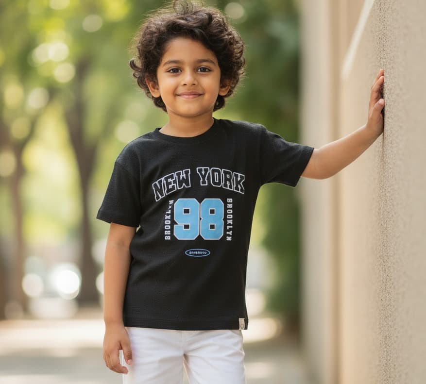 Happy Faces Boys Black Cotton T-Shirt | Half Sleeves | Round Neck | “NEW YORK BROOKLYN 98” Text | Slip-On | All-Season Wear