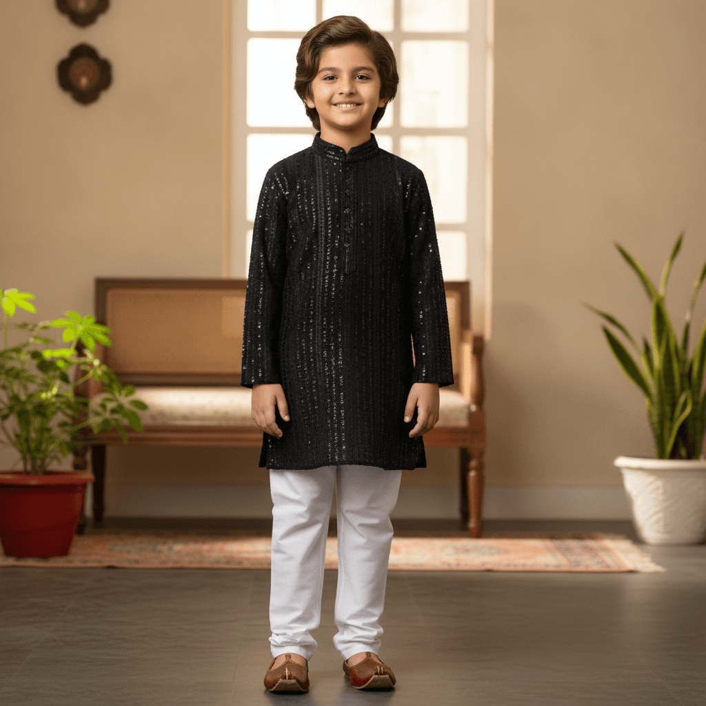 Hathom Black Cotton Blend Kurta Pyjama Set for Boys - Front Hook, Mandarin Collar, Full Sleeves Formal/Partywear All Season