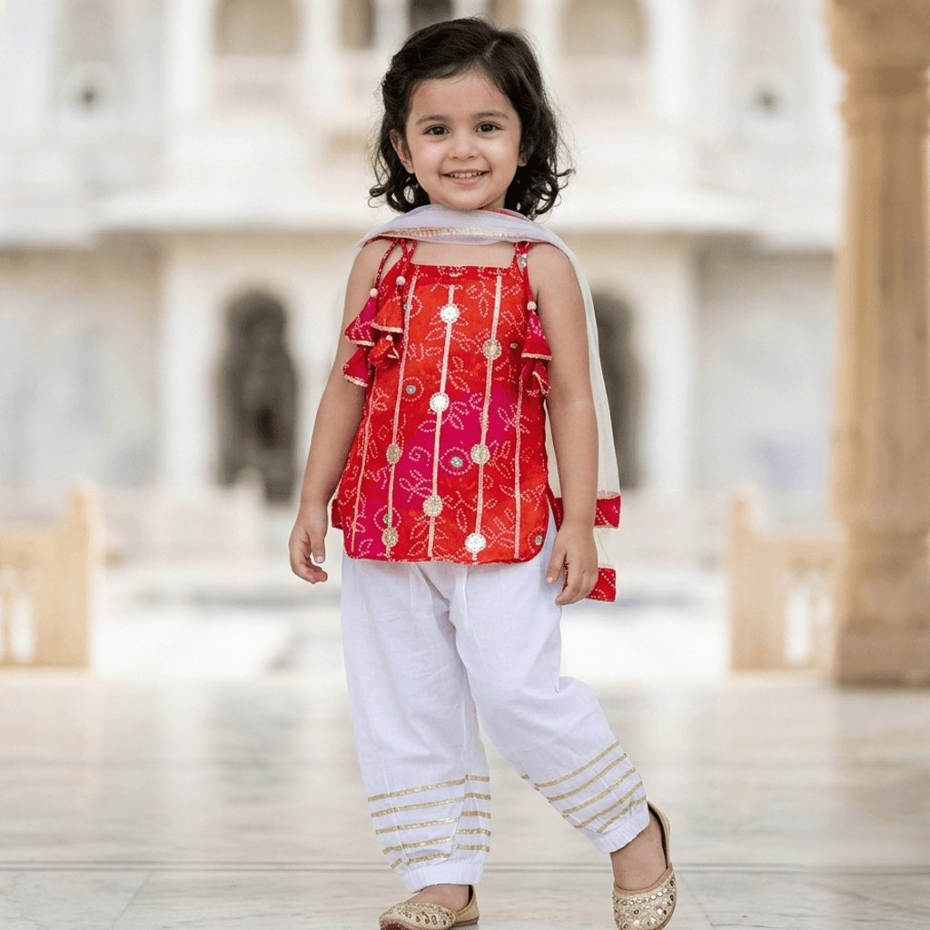 Tiny Threads Girls Red Cotton Kurta & Palazzo Set | Sleeveless | Square Neck | Shoulder Tie-Up | Full-Length Palazzos | Elasticated Waist | Regular Fit | All-Season Partywear