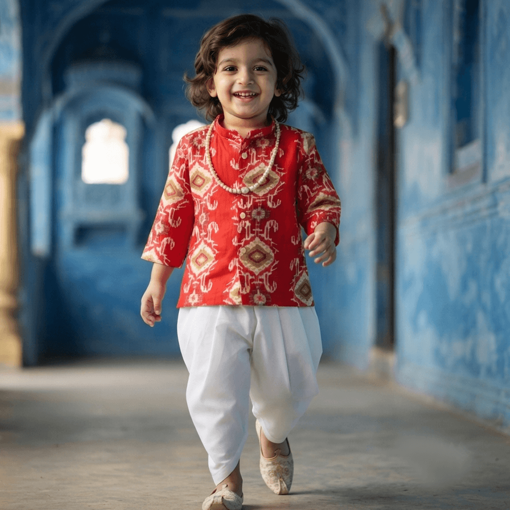 Kookies Red Dhoti Kurta Set for Boys - Cotton Blend, Full Sleeves, Mandarin Collar, Formal/Partywear, All Season