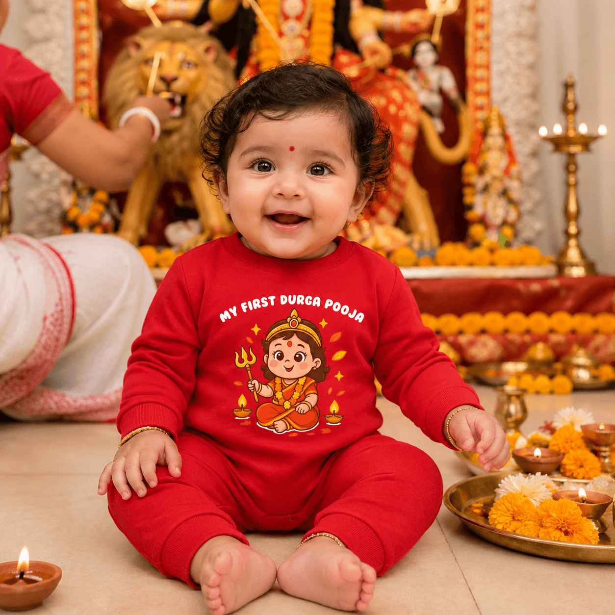 KARMIKH Girls Red Cotton Romper | Full Sleeve Round Neck Snap Button Closure | “My First Durga Pooja” Print | All Season
