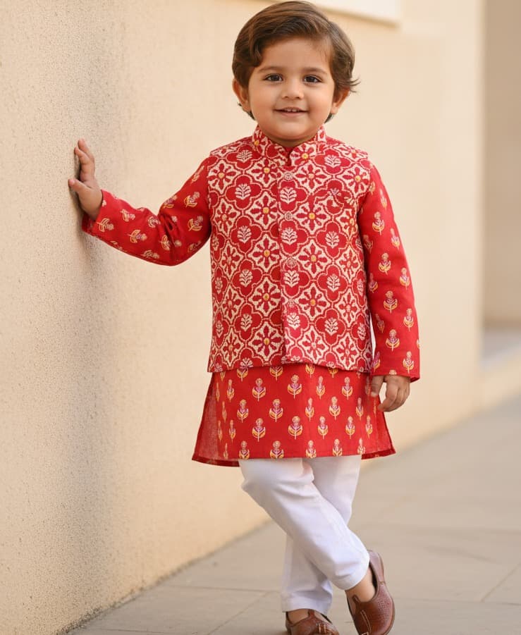 Novelle Heritage Red Cotton Kurta Pyjama & Jacket Set for Boys - Full Sleeves, Mandarin Collar, Formal/Partywear, All Season