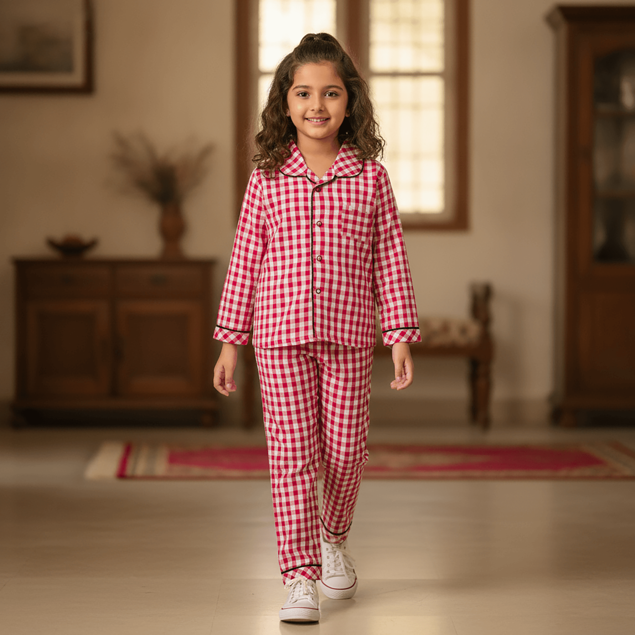 Cute Little Things Girls Cotton Red Full Sleeve Pyjama Set with Camp Collar and "KEEP CALM BECAUSE little SANTA IS COMING TO TOWN" Print for All Season Casual Wear