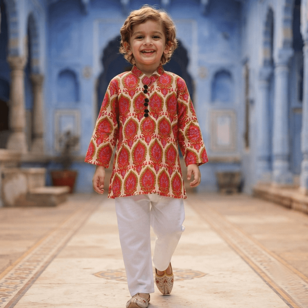 The Moms Store Red Cotton Blend Kurta Pyjama Set for Boys - Formal/Partywear, All Season