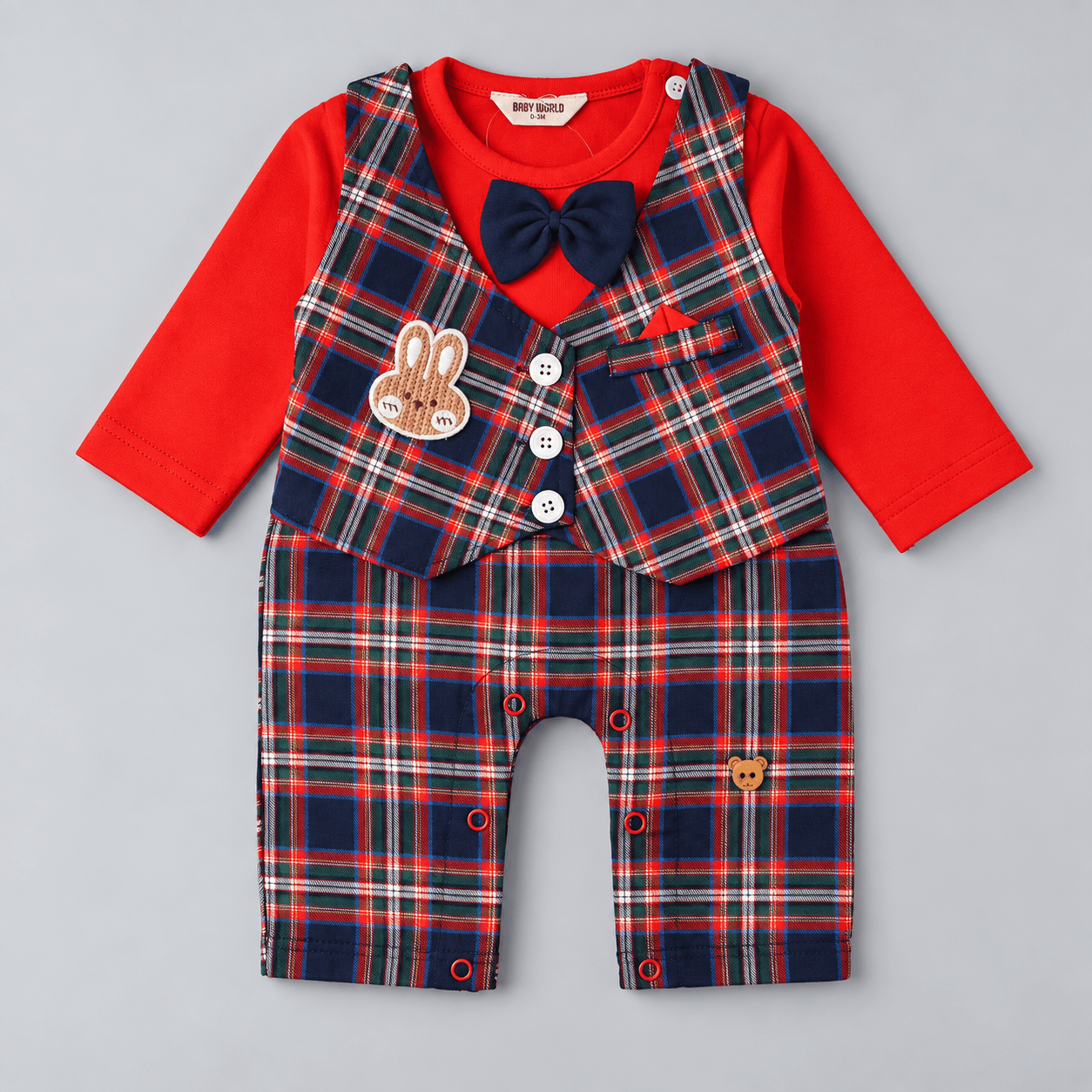 Baby World Red Cotton Blend Full Length Romper for Boys with Snap Buttons - Formal/Partywear
