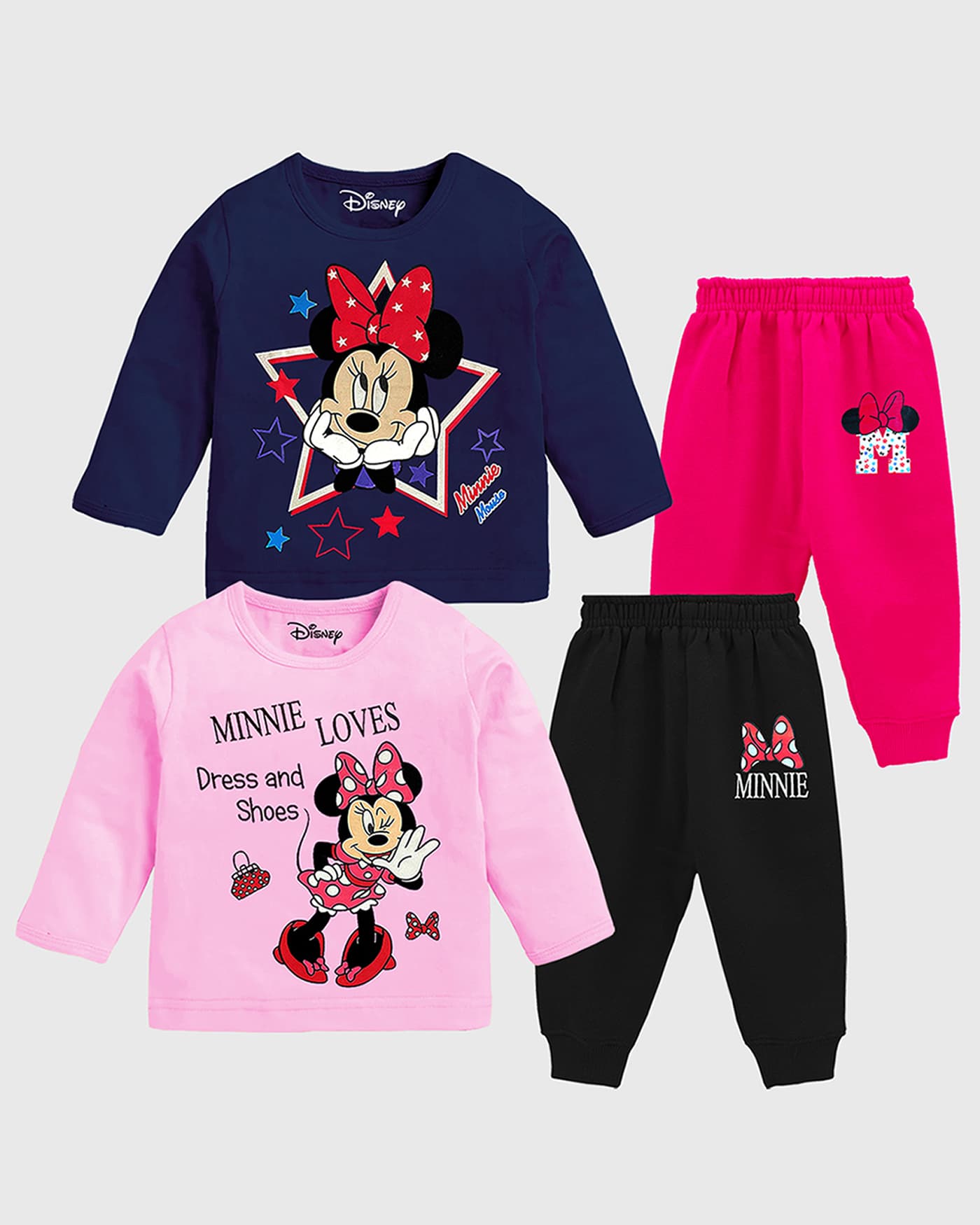 Kuchipoo Girls Casual Pink and Navy Blue T-shirt & Joggers Set with Minnie Mouse Design