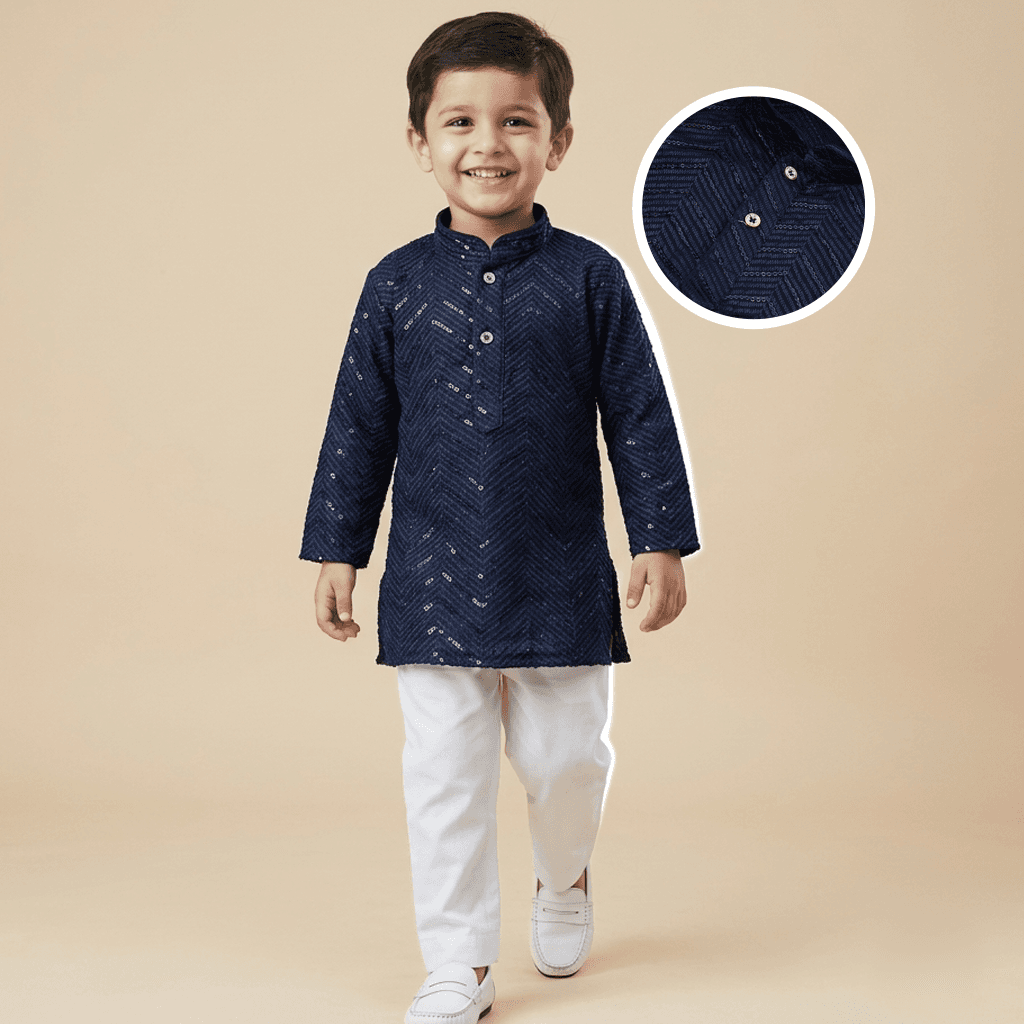 Hathom Navy Blue Cotton Blend Kurta Pyjama Set for Boys - Formal/Partywear, All Season