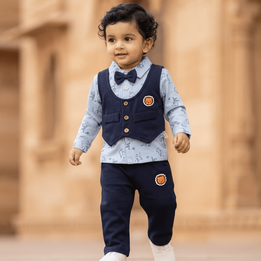 Moonkids Boys Navy Blue Cotton Party Suit Set | Full Sleeves Polo Collar | Front Button Closure | Full Length Cotton Trousers | Slip-On | Mid Rise | Regular Fit | Formal & Partywear