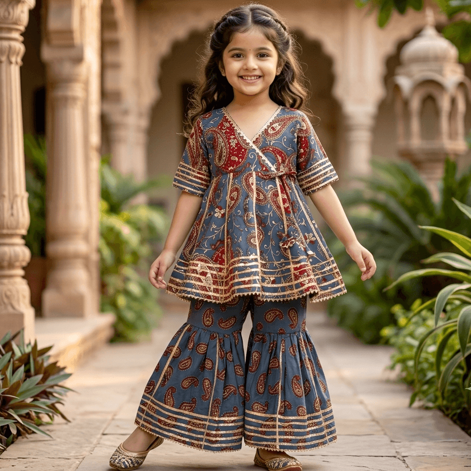 Chirpytroops Navy Blue Kurta Sharara Set for Girls - Ethnic Wear for Formal/Partywear, All Season, Cotton Fabric, Half Sleeves, V Neck, Sharara Full Length