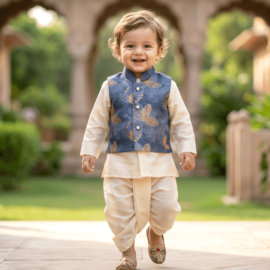 Aagam Boys Navy Blue Cotton Kurta Dhoti & Jacket Set – Full Sleeve Mandarin Collar Partywear
