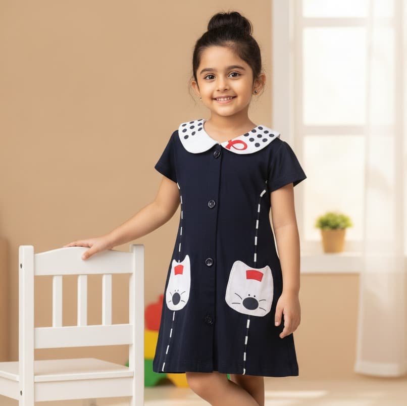 PingPong Navy Blue Cotton One Piece Dress for Girls with Short Sleeves and Peter Pan Collar - Casual Summer Wear