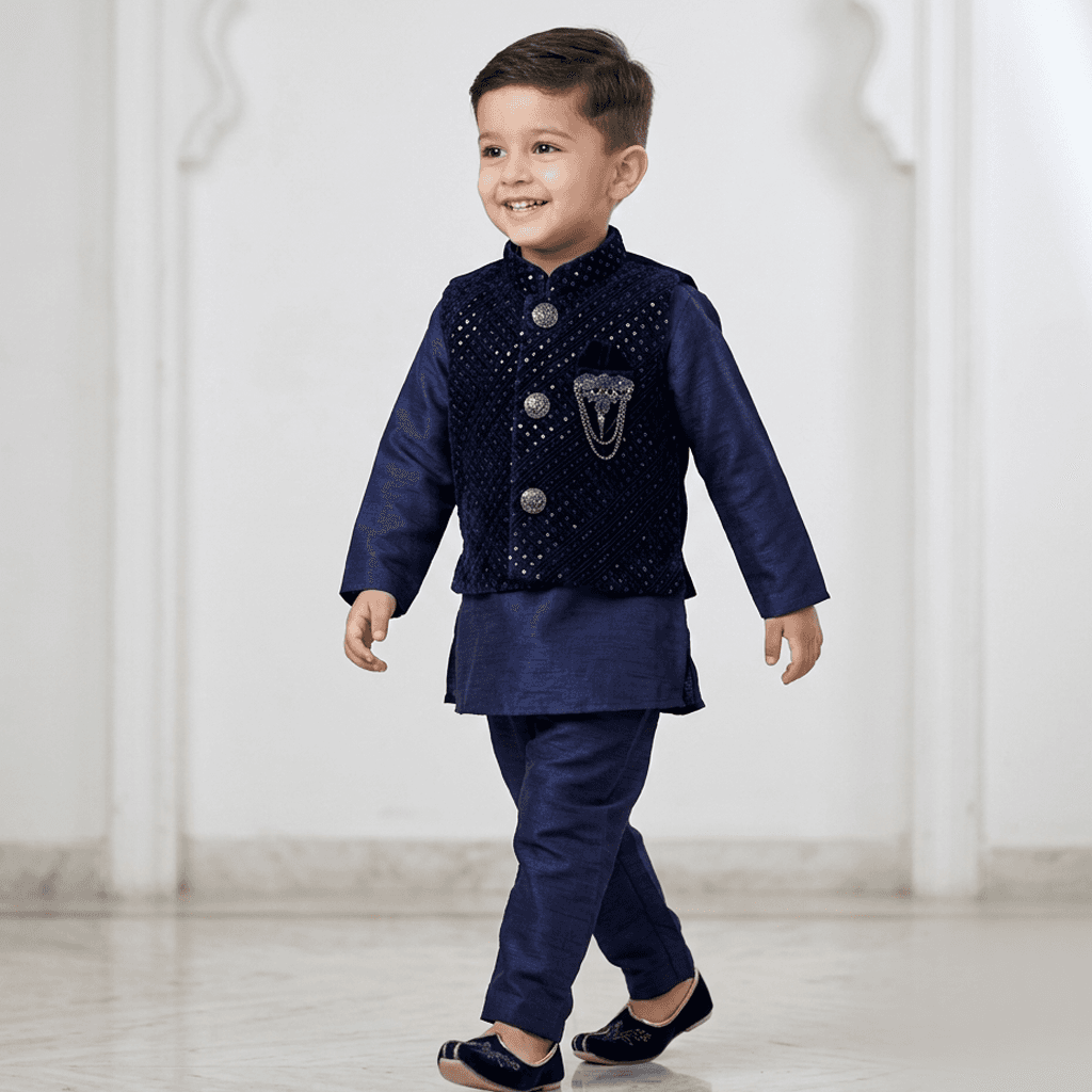 Hathom Navy Blue Cotton Kurta Pyjama & Jacket Set for Boys - Formal/Partywear, All Season