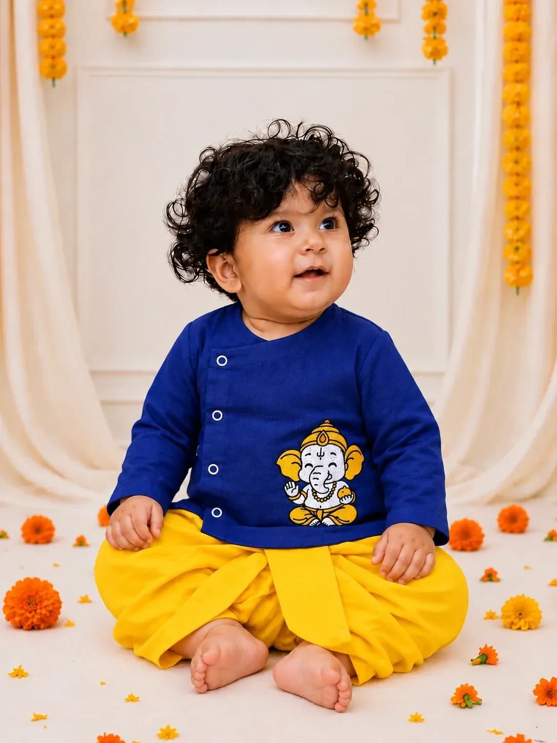 BownBee Navy Blue Dhoti Kurta Set for Boys - Ethnic Wear for Formal/Partywear, All Season, Cotton Blend, Full Sleeves