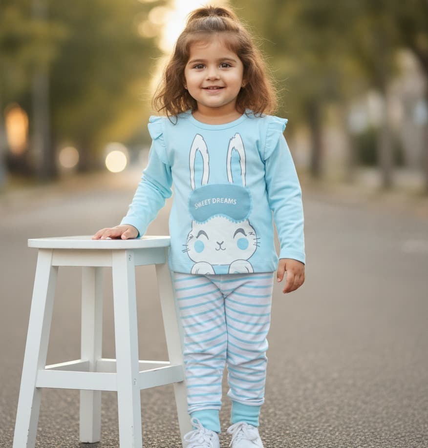 Tinyo Girls Casual T-shirt & Joggers Set in Light Sky Blue with SWEET DREAMS Print
