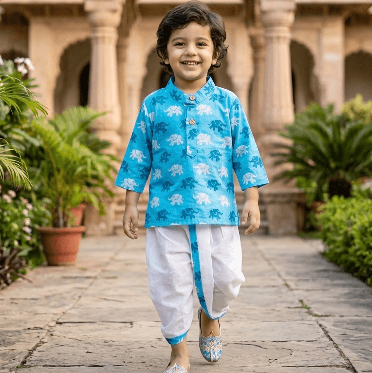Cuddly Cubs Light Blue Dhoti Kurta Set for Boys - Formal/Partywear, All Season, Cotton, 3/4th Sleeves, Mandarin Collar