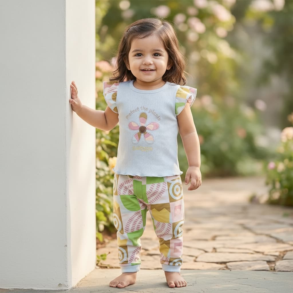 Jelly Bee's Girls Casual Summer Set - Light Sky Blue Cotton Top & Shorts with "Protect the plants GARDEN" Print